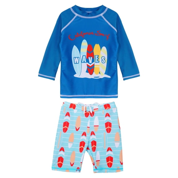 vastwit Kids Boys Rash Guard Swimsuit Shark Fish Print Long Sleeve Swim Shirts with Shorts Set Blue 2-3