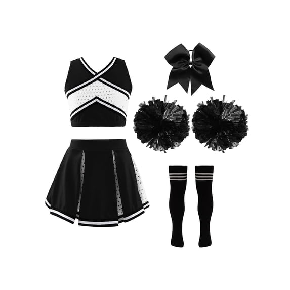 vastwit Kids Cheerleading Uniform Outfit Sleeveless Crop Top+Skirt+Socks+Flower School Girls Dancewear A Black&White 6