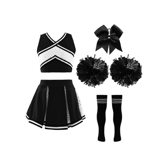 vastwit Kids Cheerleading Uniform Outfit Sleeveless Crop Top+Skirt+Socks+Flower School Girls Dancewear A Black&White 8