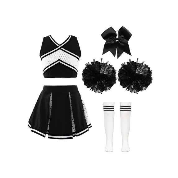 vastwit Kids Cheerleading Uniform Outfit Sleeveless Crop Top+Skirt+Socks+Flower School Girls Dancewear A White&Black 10