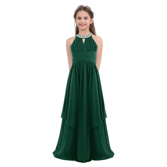 vastwit Kids Flower Girls Sequined party Princess Dress Halter Sleeveless Wedding Bridesmaid Maxi Gown Army Green 14