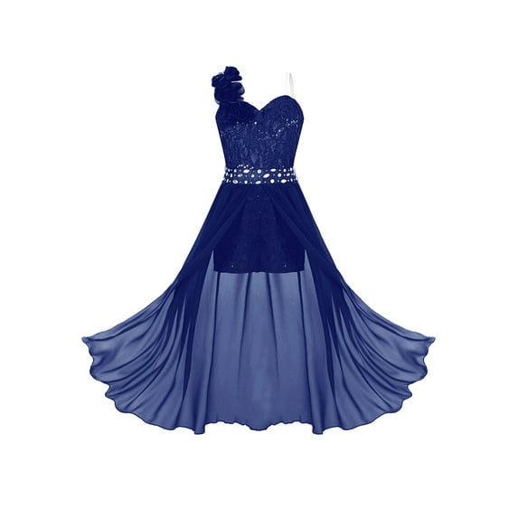 vastwit Kids Flower Girls Wedding Dress One Shoulder Chiffon Lace Maxi Romper Evening Gown Dance Wear Navy Blue 16