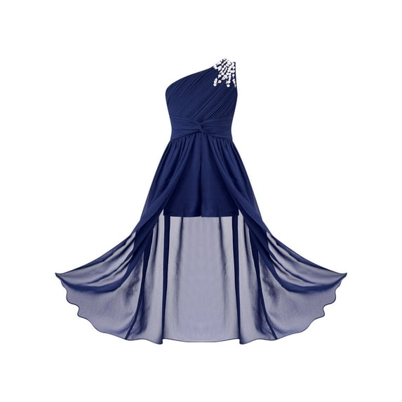 vastwit Kids Flower Girls Wedding Dress One Shoulder Chiffon Lace Maxi Romper Evening Gown Dance Wear Navy Blue-A 16