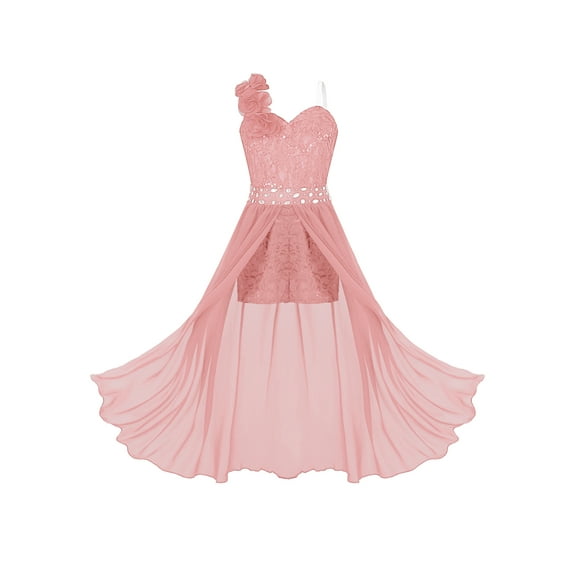 vastwit Kids Flower Girls Wedding Dress One Shoulder Chiffon Lace Maxi Romper Evening Gown Dance Wear Orange Pink 10