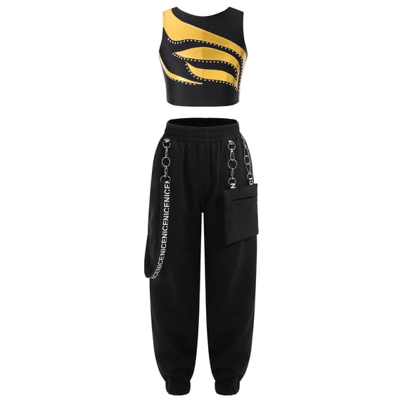 vastwit Kids Girls 2 Piece Outfits Rhinestones Crop Tops with Cargo Pants Streetwear Jazz Hip Hop Gold 12