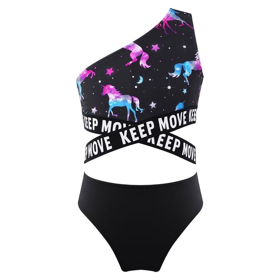 vastwit Kids Girls 2Piece Bikini Swimsuit One Shoulder Swim Top with Bottoms Rash Guard Swimwear Set Black 14