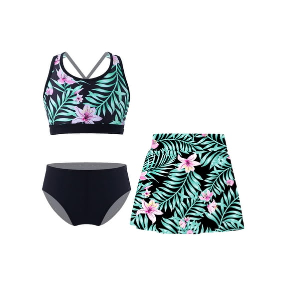 vastwit Kids Girls 3 Piece Bathing Suit Tropical Printed Swimsuit Quickly Dry Swimwear Tankini Set Black 12