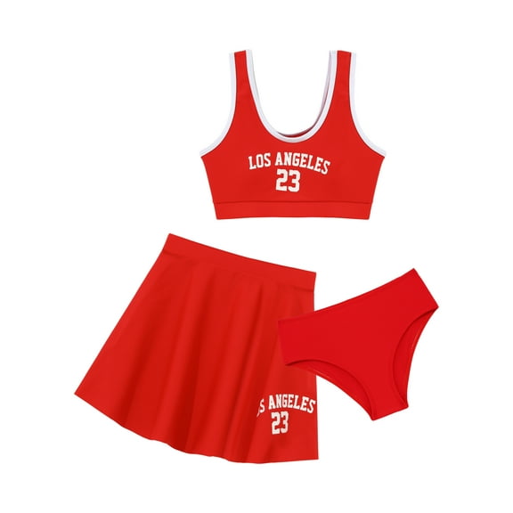 vastwit Kids Girls 3 Pieces Swimsuit Crop Top with Briefs and Skirt Set Beachwear Bathing Suits Red 9Y/140