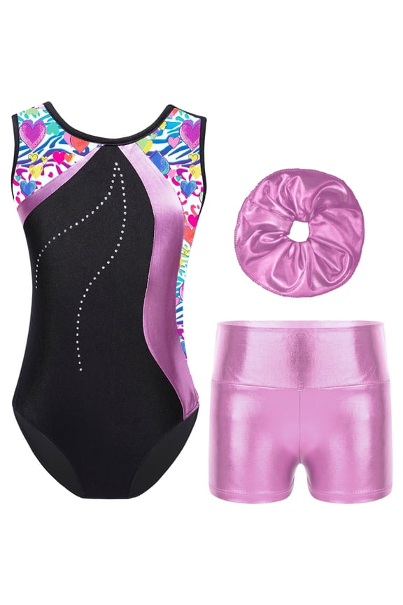 Kids Girls 3Pcs Sleeveless Gymnastics Ballet Leotard with Shorts Headband Set Dance Workout Pink 4