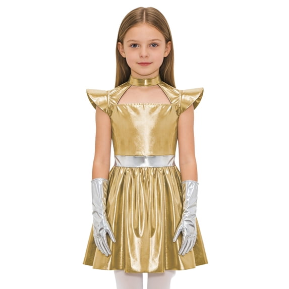 vastwit Kids Girls Alien Outfit Metallic Cap Sleeves Mock Neck Robot Mini Dress with Gloves 2Pcs Set Light Gold 8