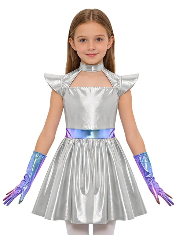 Kids Girls Alien Outfit Metallic Cap Sleeves Mock Neck Robot Mini Dress with Gloves 2Pcs Set Silver 10
