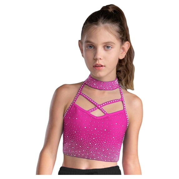 vastwit Kids Girls Athletic Crop Top Sleeveless Rhinestones Crisscross Straps Front Cutout Back Sports Bra Hot Pink 6