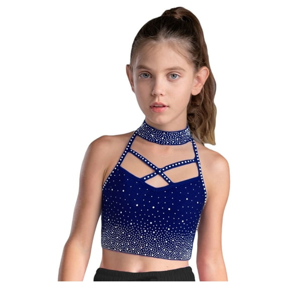 vastwit Kids Girls Athletic Crop Top Sleeveless Rhinestones Crisscross Straps Front Cutout Back Sports Bra Navy Blue 14