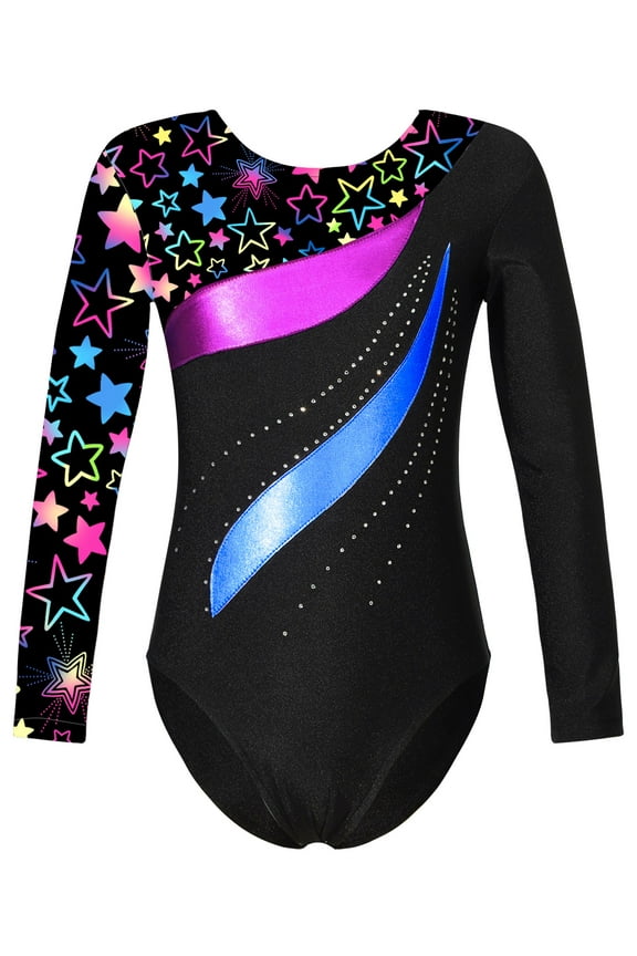 Kids Girls Ballet Dance Leotard Long Sleeve Figure Skating Gymnastics Bodysuit Sportswear Star Black 8