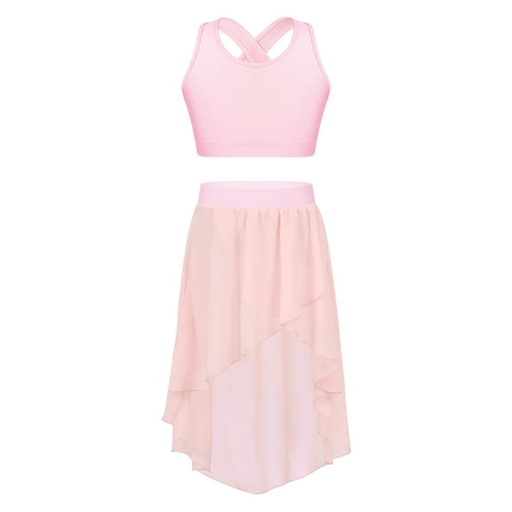 vastwit Kids Girls Ballet Dance Outfits Sleeveless Crop Top High-Low Skirt Gymnastics Dancewear Pink 12