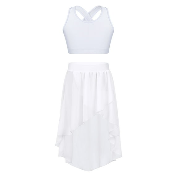 vastwit Kids Girls Ballet Dance Outfits Sleeveless Crop Top High-Low Skirt Gymnastics Dancewear White 14
