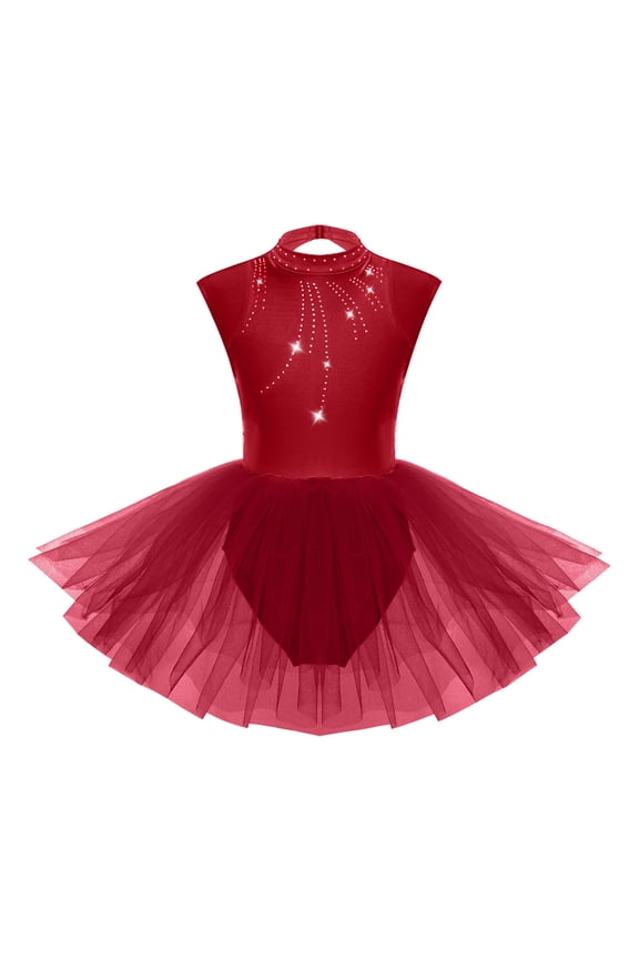 Kids Girls Ballet Tutu Dress Gymnastics Leotard Performance Dancewear Ballerina Costume Burgundy 14