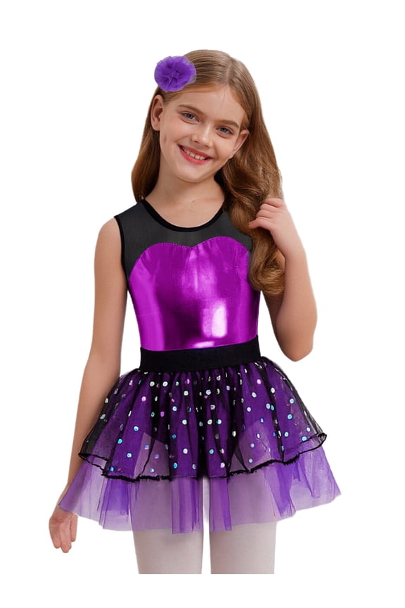 Kids Girls Ballet Tutu Dress Sleeveless Metallic Tulle Skirt Jazz Dance Dress for Stage Performance Purple 8