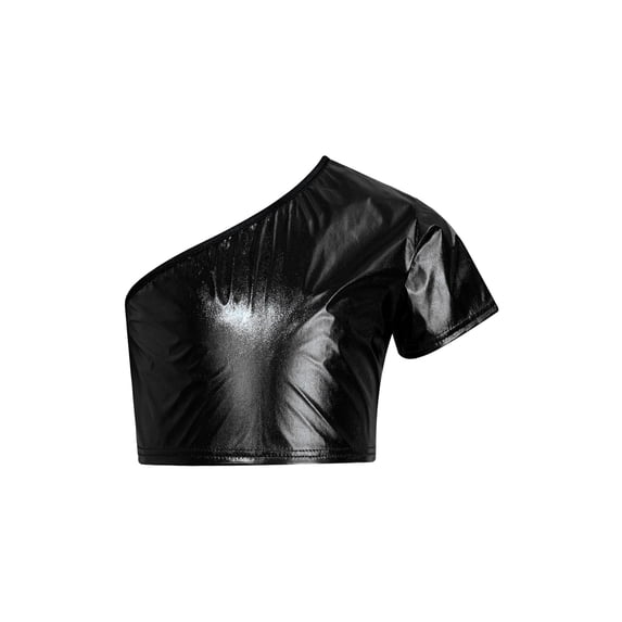 vastwit Kids Girls Boys Jazz Hip-hop Dance Top One Shoulder Metallic T-shirts Performance Costume Black 140