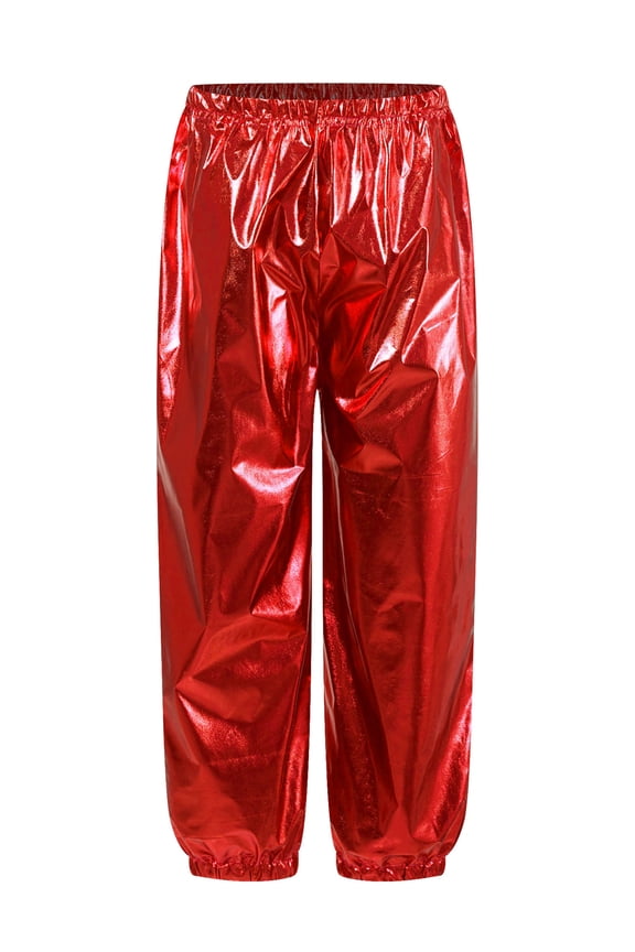Kids Girls Boys Metallic Shiny Jogger Pants Jazz Street Hip Hop Dance Pants Loose Harem Trousers Red 100