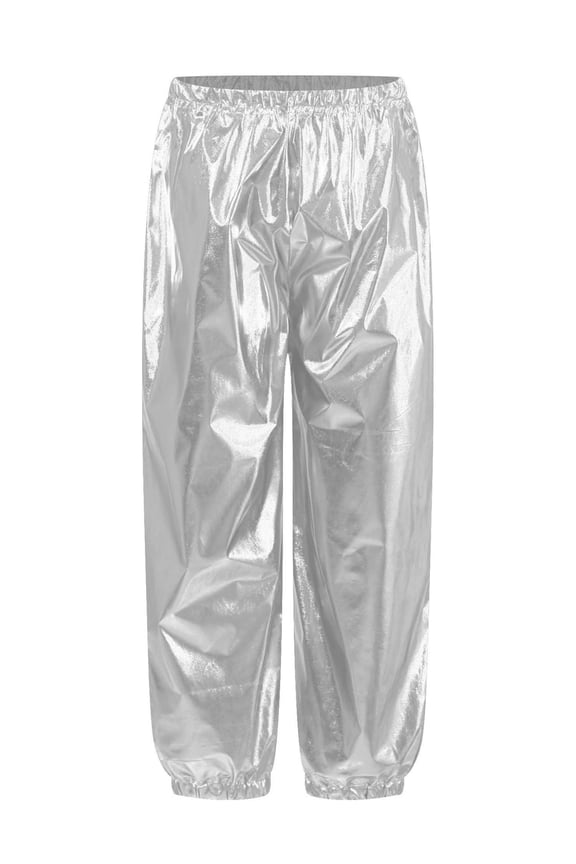 Kids Girls Boys Metallic Shiny Jogger Pants Jazz Street Hip Hop Dance Pants Loose Harem Trousers Silver 120