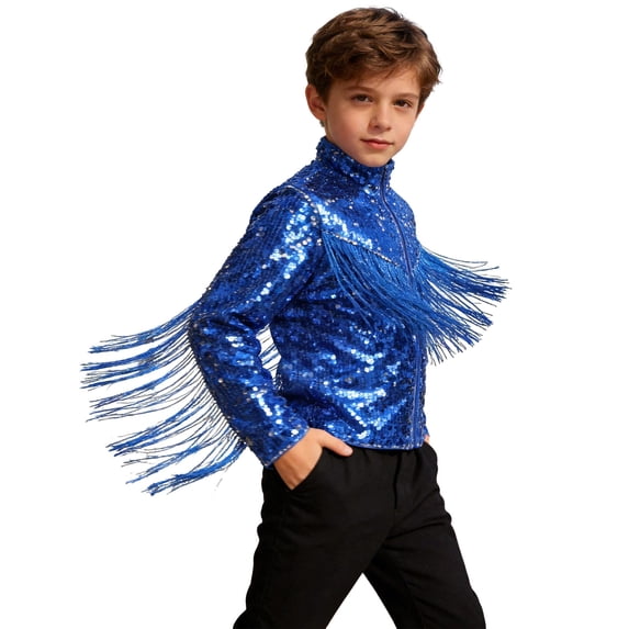 vastwit Kids Girls Boys Sequin Fringe Jacket Shiny Cowboy Outfit Disco Dance Top Long Sleeve Tassels Zip Up Glitter Coat Royal Blue 10