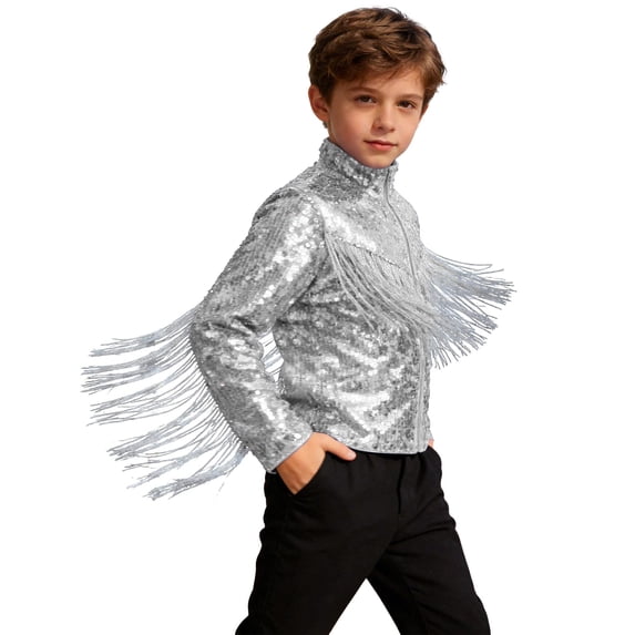 vastwit Kids Girls Boys Sequin Fringe Jacket Shiny Cowboy Outfit Disco Dance Top Long Sleeve Tassels Zip Up Glitter Coat White 10