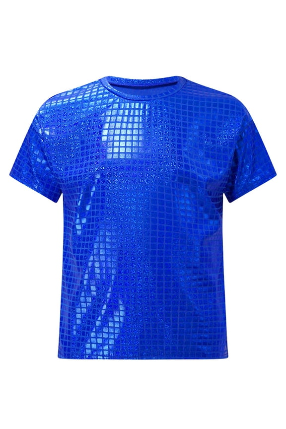 Kids Girls Boys Sequin Hip Hop Jazz Disco Dance Shirt Athletic T-Shirt Tops Children's Tees Blue 110