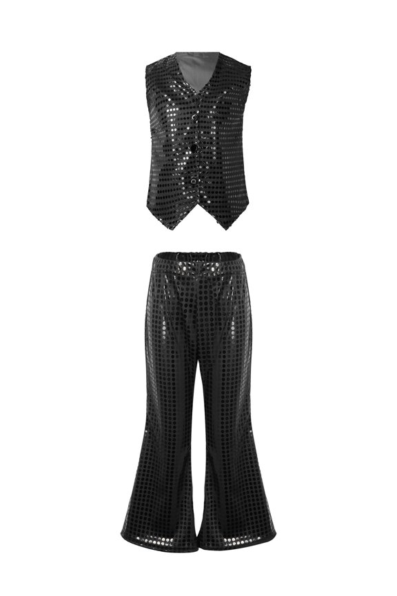 Kids Girls Boys Sequins Hip-hop Jazz Dance Outfit Vest Waistcoat Top Shirt+Flared Pants Streetwear Black 150