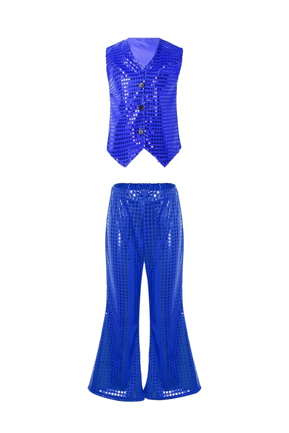 Kids Girls Boys Sequins Hip-hop Jazz Dance Outfit Vest Waistcoat Top Shirt+Flared Pants Streetwear Royal Blue 170
