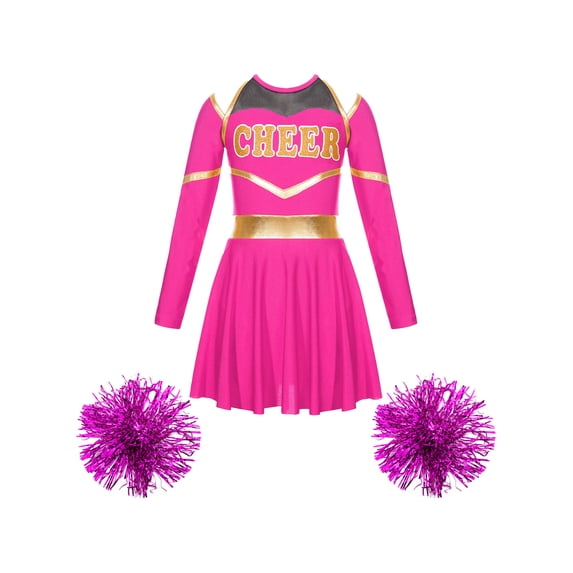 vastwit Kids Girls Cheer Leader Fancy Dress with Pom Poms Cheerleading Outfits Hot Pink 14