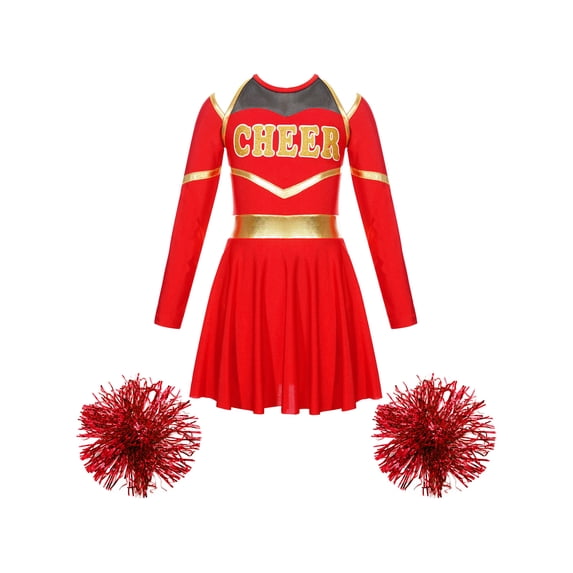 vastwit Kids Girls Cheer Leader Fancy Dress with Pom Poms Cheerleading Outfits Red 16