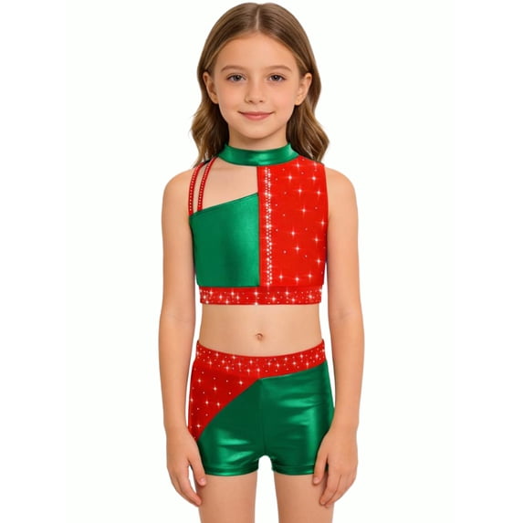 vastwit Kids Girls Cheerleading Outfit Sleeveless Color Block Sparkly Dance Crop Top with Gymnastics Shorts Set Green 14