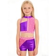 thumbnail image 1 of vastwit Kids Girls Cheerleading Outfit Sleeveless Color Block Sparkly Dance Crop Top with Gymnastics Shorts Set Purple 8, 1 of 5