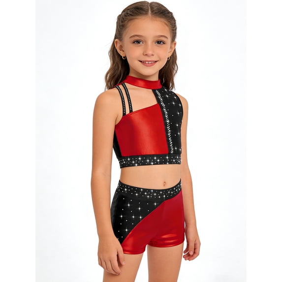 vastwit Kids Girls Cheerleading Outfit Sleeveless Color Block Sparkly Dance Crop Top with Gymnastics Shorts Set Red 10