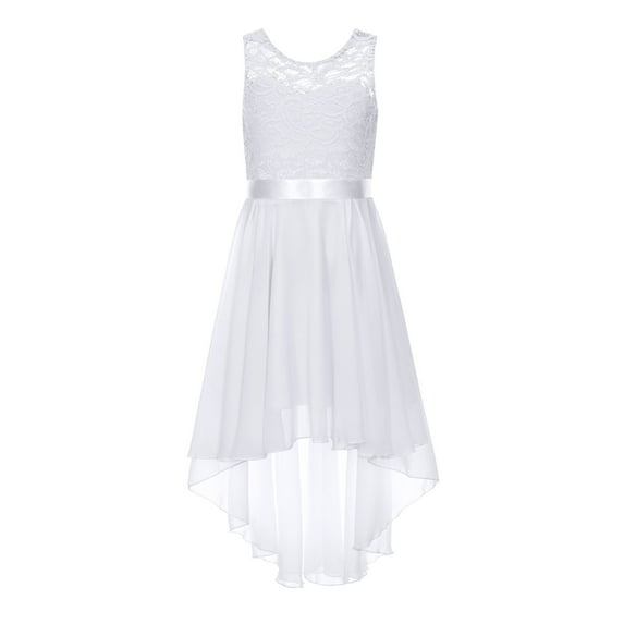 vastwit Kids Girls Chiffon Sleeveless Wedding Bridesmaid Dress Floral Lace High Low Hem Flower Girl Dress White 12