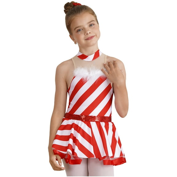 vastwit Kids Girls Christmas Candy Cane Costume Sequins Striped Ballet Dance Figure Skating Dress Red 8