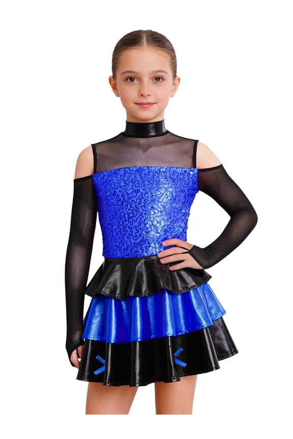Kids Girls Cold Shoulder Long Sleeve Tiered Skirt Leotard Sequins Jazz Dance Dress Salsa Rumba Stage Performance Blue 16