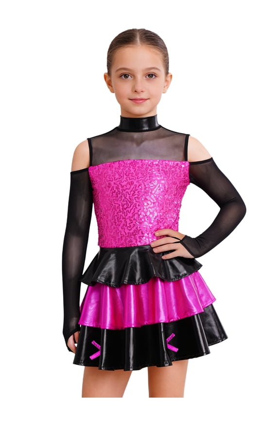 Kids Girls Cold Shoulder Long Sleeve Tiered Skirt Leotard Sequins Jazz Dance Dress Salsa Rumba Stage Performance Hot Pink 6