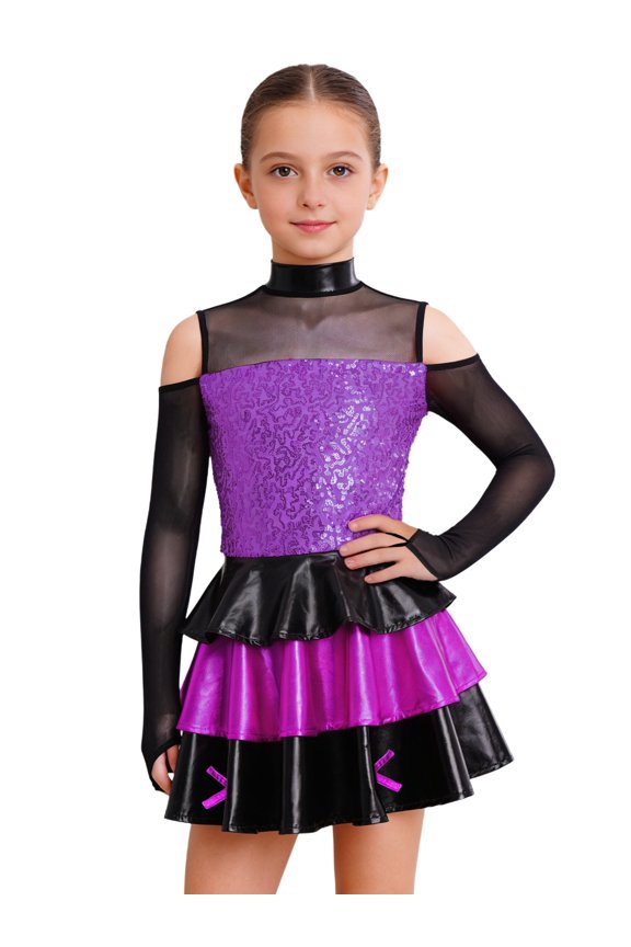 Kids Girls Cold Shoulder Long Sleeve Tiered Skirt Leotard Sequins Jazz Dance Dress Salsa Rumba Stage Performance Purple 16