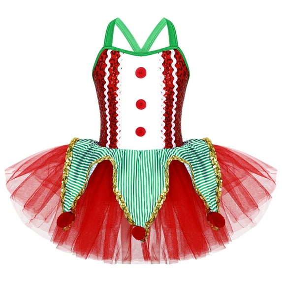 vastwit Kids Girls Crisscross Sequins Dance Leotard Tutu Mesh Dress Christmas Elf Santa Costume Green 14