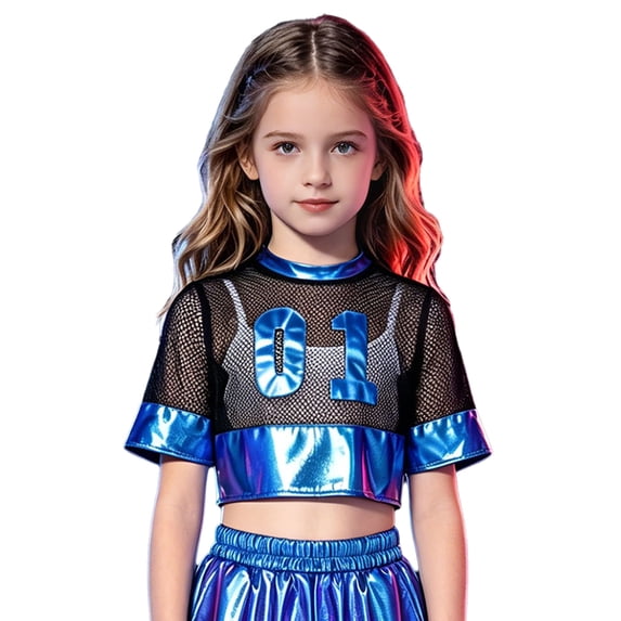 vastwit Kids Girls Crop Top Short Sleeve Mesh Metallic Number 01 Cheer Hip Hop Dance Performance Shirt Blue 8