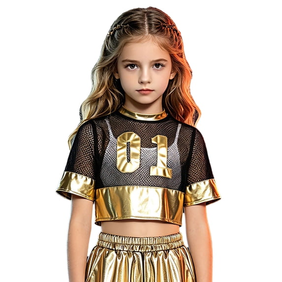 vastwit Kids Girls Crop Top Short Sleeve Mesh Metallic Number 01 Cheer Hip Hop Dance Performance Shirt Gold 8