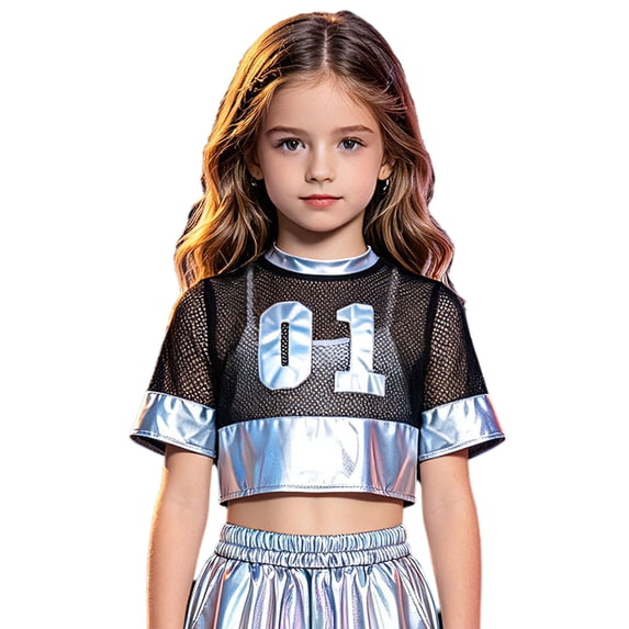 vastwit Kids Girls Crop Top Short Sleeve Mesh Metallic Number 01 Cheer Hip Hop Dance Performance Shirt Silver 4