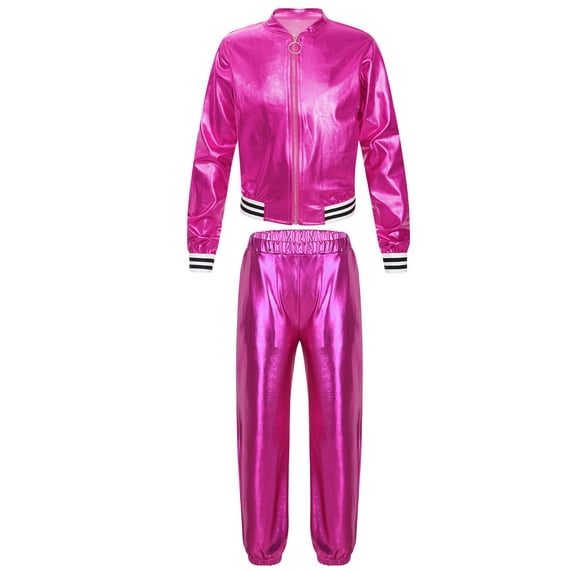 vastwit Kids Girls Dance Outfit Hip Hop Tracksuit Shiny Metallic Jacket and Modern Dance Pants Sweatpants Set Rose 6