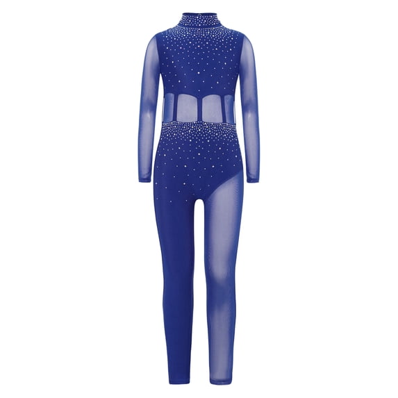 vastwit Kids Girls Dance Unitard Gymnastics Bodysuit Stretchy Mesh Rhinestones Figure Skating Jumpsuit Dancewear Navy Blue 14