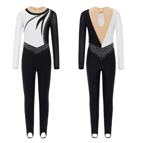 vastwit Kids Girls Dance Unitard Rhinestone Mesh Splice Long Sleeve Stirrup Bodysuit Gymnastics Skating Jumpsuit White 12