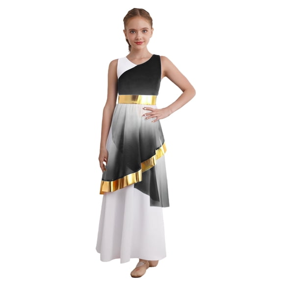 vastwit Kids Girls Elegant Praise Dance Dress Liturgical Worship Sleeveless Metallic Full Length Worship Robe Tunic Gown Black 14