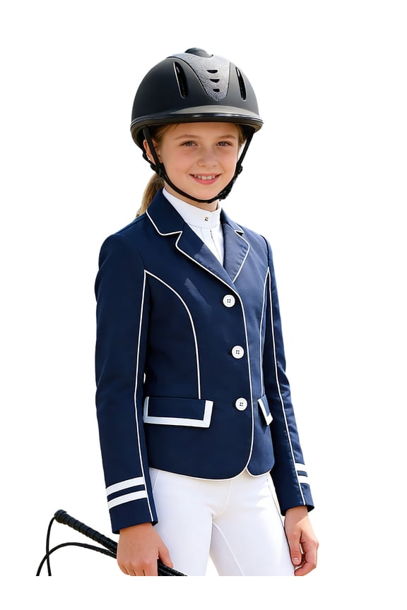 Kids Girls Equestrian Jacket Classic Three-Button Competition Horse Riding Show Coat Navy Blue 4