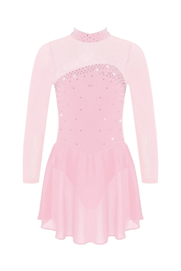 Kids Girls Figure Ice Skating Dress Long Sleeve Rhinestone Sheer Mesh Ballerina Dancewear Pink 8